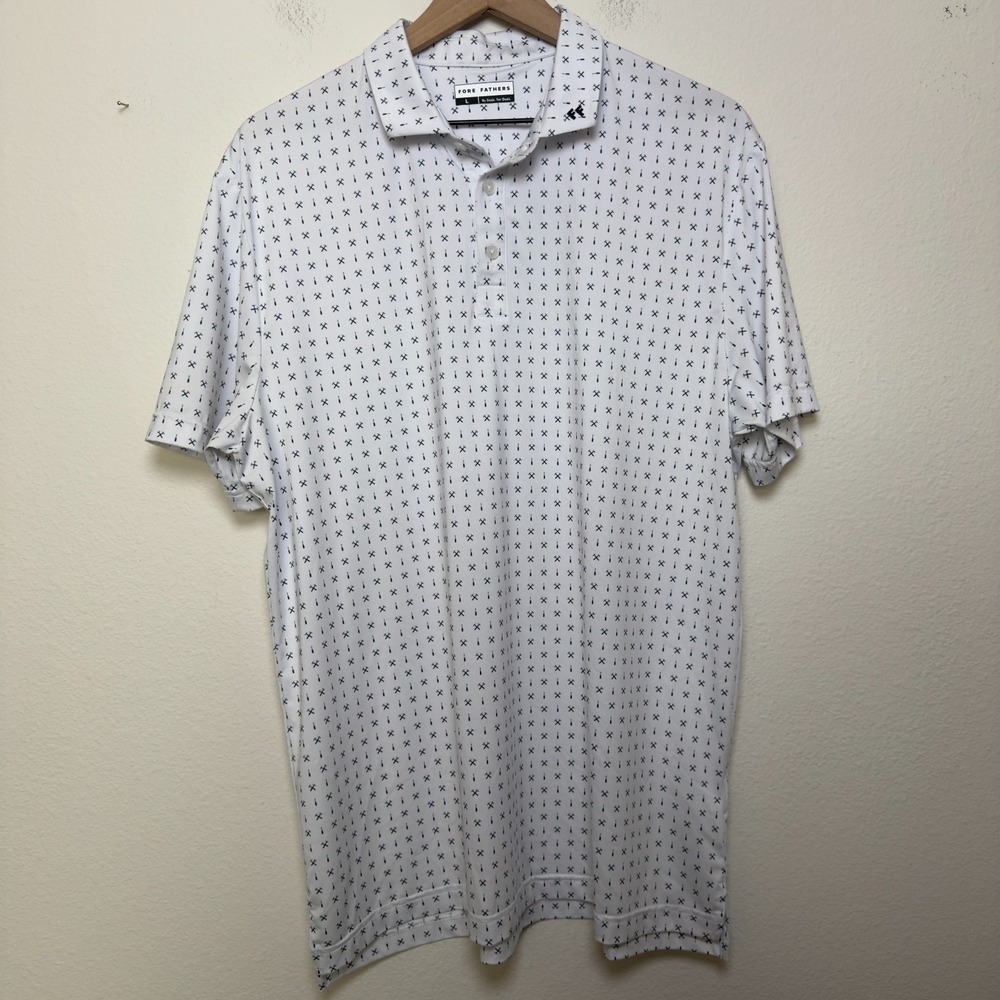 Fore Fathers Men Polo Shirt White Geometric‎ Tools Short Sleeve Performance